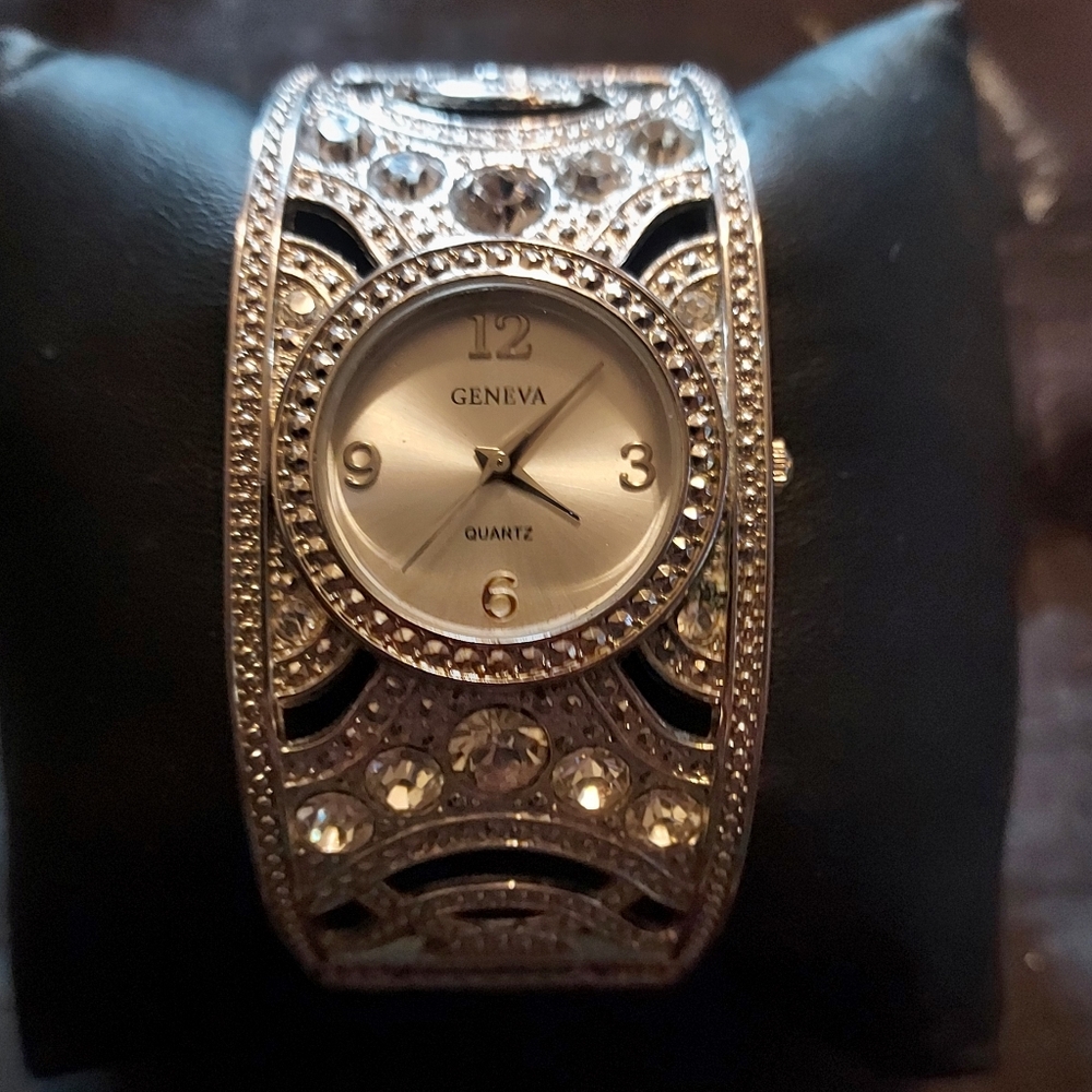 Geneva Quartz iced out cuff watch